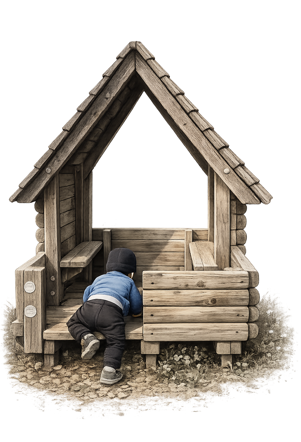 Un enfant explorant une petite cabane en bois dans un jardin.